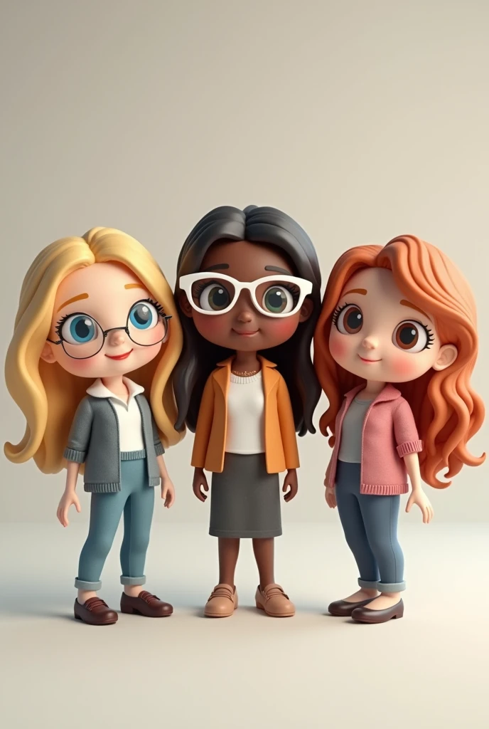 Create three dolls together bitmoji style, there are three teachers, only the blonde-haired teacher has blue eyes, the other two are brown eyes, all three teachers are white and happy. The blonde teacher with blue eyes wears white-framed glasses, her long hair, Blonde and smooth. The teacher with dark brown hair is white, your hair is medium and straight, she is very elegant and haughty. The teacher who has wavy reddish brown hair is very white and looks like a porcelain doll., has a sweet air, sweet and casual.