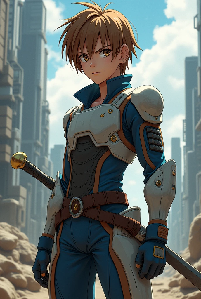 Trunks of the future dragon ball Z 1990 with brown hair and brown ayes, and straight short hair