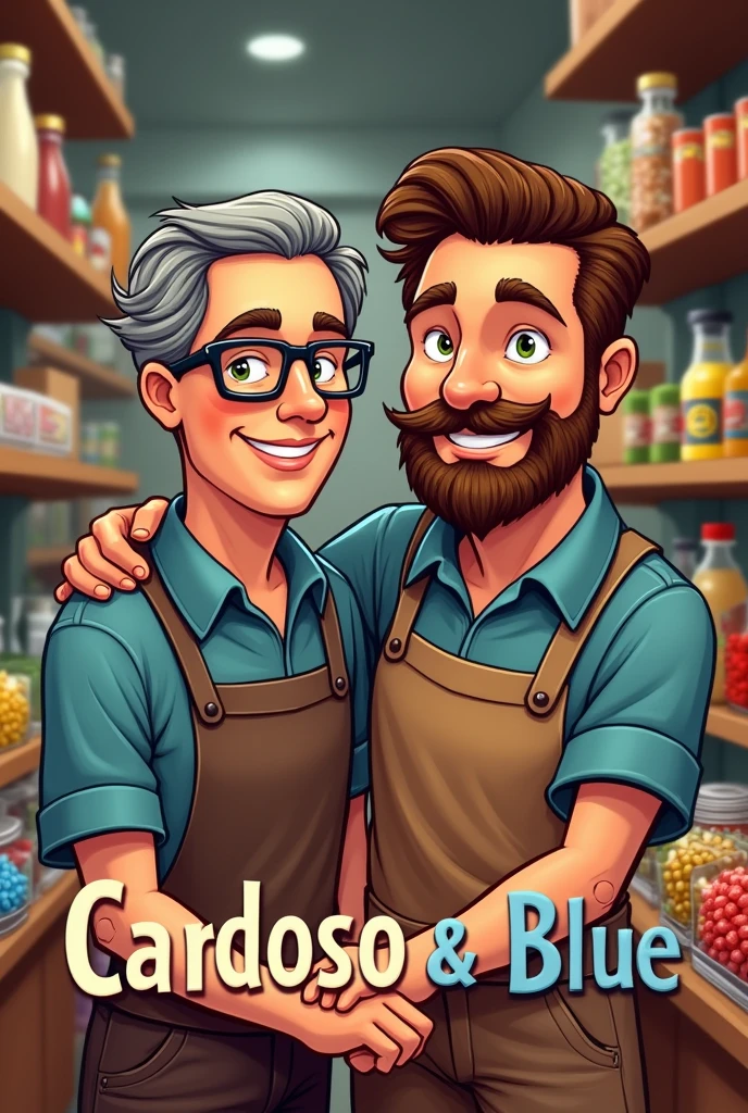 Logo for market, with the name of Cardoso & Blue, that demonstrates the love and trust between two generations of father with a mustache, glasses, side-swept hair, medium gray brown color, e Caucasian skin, and male child, grown-up,sem glasses, Caucasian skin, with a well-trimmed beard, and brown hair, and in the background a market with food, drinks, candies, and cleaning products.