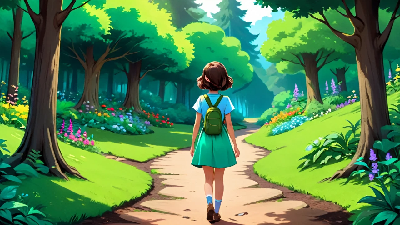 a curious girl coming out of a forest and going to a beautiful garden