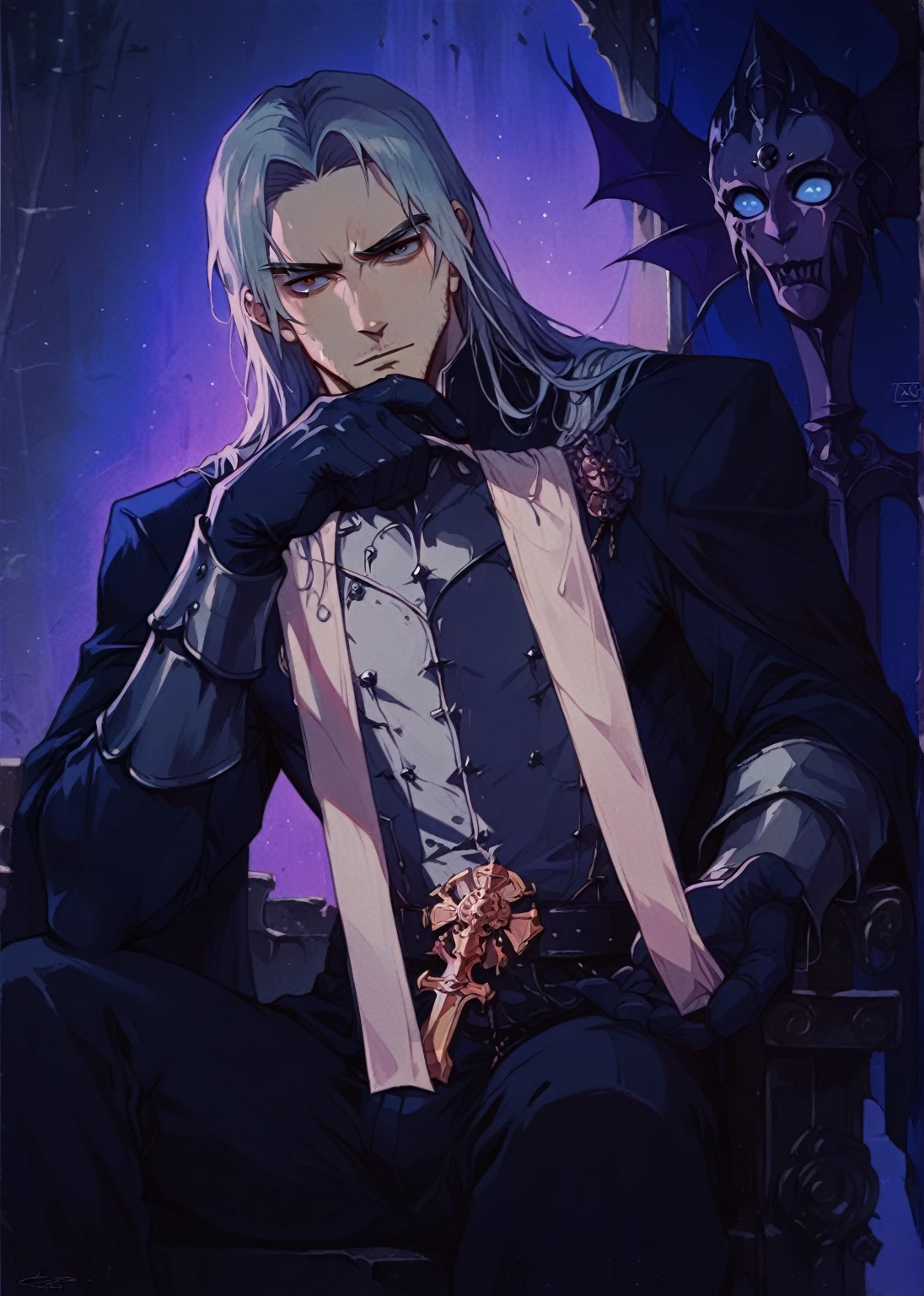 a close up of a person sitting on a throne with a sword, handsome guy in demon slayer art, portrait of fin wildcloak, xqc, casimir art, alucard, sylas, johan liebert mixed with alucard, joe biden as an anime villain, shigenori soejima illustration, handsome drow, arsen lupin as a paladin