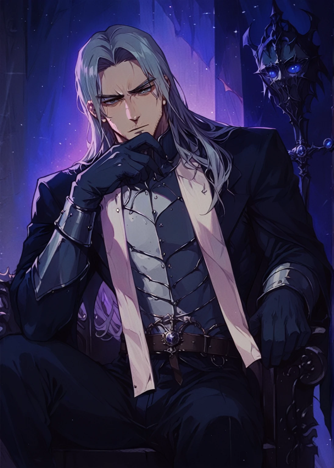 a close up of a person sitting on a throne with a sword, handsome guy in demon slayer art, portrait of fin wildcloak, xqc, casimir art, alucard, sylas, johan liebert mixed with alucard, joe biden as an anime villain, shigenori soejima illustration, handsome drow, arsen lupin as a paladin