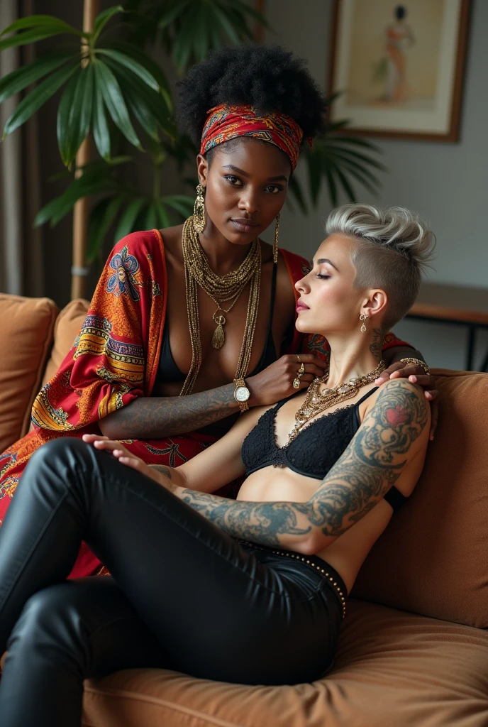 African milf woman sitting on a sofa with separated legs, afro hairdo, serious face, wearing traditional colourful african clothes, barefoot, hands on shoulders of a white milf woman at her feet leanin back with chin up and open mouth in magazine fashion model pose. The white woman is to touch her girlfriend with her hands. The white woman is tattooed heavily (tattoed chest, tattoed neck, tattooed arms, tattooed hands, tattooed stomach, tattoed legs, tattoed feet). The white woman is very thin with well toned abdominals, pale (light grey hair, light green eyes, pale face, pale neck, pale chest, pale arms, pale hands, pale stomach, pale legs and feet). White woman in chic rock fashion: pouf with top bun and shaved sides, colourful bandana as headband. The white woman wears and a lot of metallic necklaces and pendants, black push up lace bra, skinny black low rise leather jeans. The white woman wears a loose wide studded leather belt and a lot of wide metallic bracelets, black lace push up bra, barefoot. In an expensive modern apartment