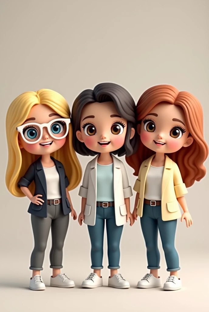 Create three dolls together bitmoji style, there are three teachers, only the blonde-haired teacher has blue eyes, the other two are brown eyes, all three teachers are white and happy. The blonde teacher with blue eyes wears white-framed glasses, her long hair, Blonde and smooth. The teacher with dark brown hair is white, your hair is medium and straight, she is very elegant and haughty. The teacher who has wavy reddish brown hair is very white and looks like a porcelain doll., has a sweet air, sweet and casual.