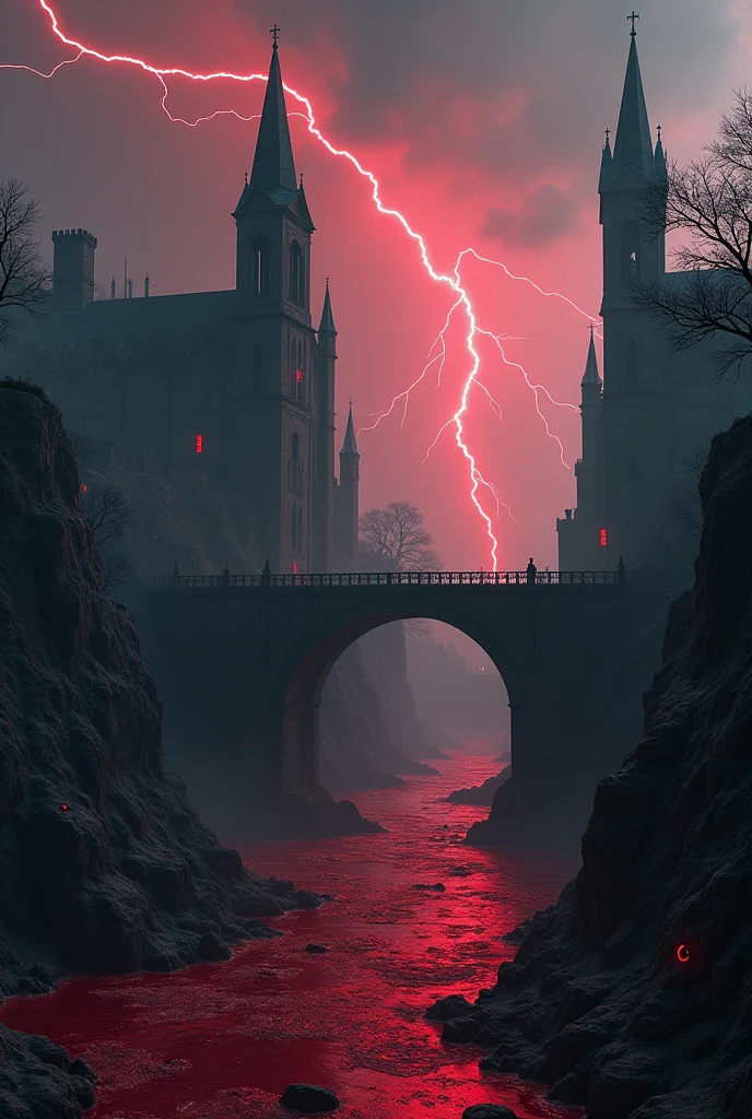 a hellish landscape with a massive river of blood, an old dilapidated church, a detailed bridge, red lightning, and ruined watchtowers, (best quality,4k,8k,highres,masterpiece:1.2),ultra-detailed,(realistic,photorealistic,photo-realistic:1.37),dark fantasy,horror,dramatic lighting,moody atmosphere,cinematic,dystopian,gritty,apocalyptic,hellfire,macabre,ominous,dramatic shadows,glowing red eyes,crumbling architecture,decaying,decrepit,moody,dark,gloomy,sinister,demonic,hellish,nightmarish,unsettling,unnerving