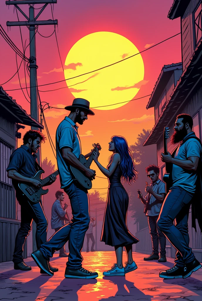 Make a Batman style comic, with a psychedelic sunset, in Tepito.
In one corner a rock band playing. With a half-white drummer, chubby slanted eyes, short hair; un guitarrista moreno flaco y short hair; a vocal guitarist with medium-long hair and a scruffy beard; the chubby dark-skinned bassist with a bowler hat.
In the center a couple dancing cumbia, Short woman, little guerilla, long blue hair and the man with a tall, dark and robust beard, both wearing converse