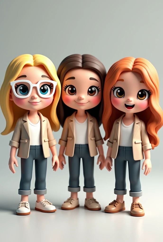 Create three dolls together bitmoji style, there are three teachers, only the blonde-haired teacher has blue eyes, the other two are brown eyes, all three teachers are white and happy. The blonde teacher with blue eyes wears white-framed glasses, her long hair, Blonde and smooth. The teacher with dark brown hair is white,  your hair is medium and straight, she is very elegant and haughty. The teacher who has wavy reddish brown hair is very white and looks like a porcelain doll., has a sweet air, sweet and casual. 