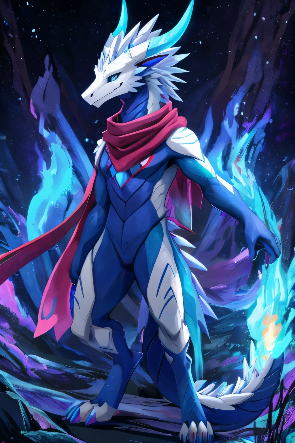 (anime), (front facing), (looking at the camera), slim furry white dragon using fire magic, blue secondary body color, (black, magenta and blue complimentary colors), spikes, very long muzzle, neck and tail fur, digitigrade, creative horns, feathers, dark gradient, (wearing only a scarf), body markings, nature background, full body