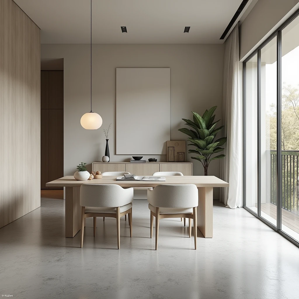 Interior design ,minimalist living and dining room , work of art ,gray matte floor ,ultra realisitic , 4K , render ultra realisitic