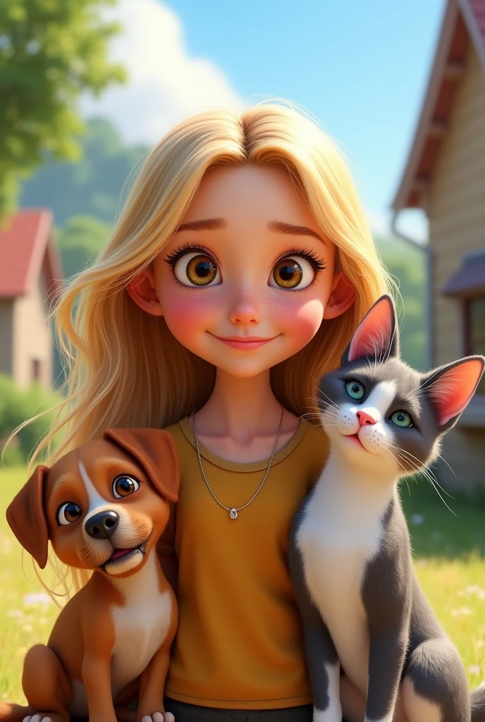 A Pixar-style cover featuring a blonde age girl, long hair and brown eyes and freckles, accompanied by a small brown dog and a grey and white cat.