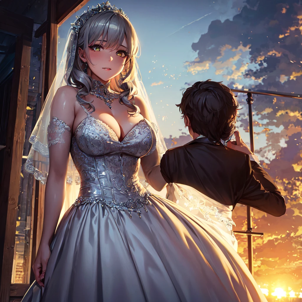 masterpiece, Best quality, masterpiece, Best quality, masterpiece, Best quality, masterpiece, Best quality, high quality, detail_skin, Beatifull_hair, detail_hair, Beatifull_hands, hands_detail, High detail, Ultra detail, HD, 4k, 4280x2240, depth field, (HDR:1.9), Correct anatomy, a masculine boy with short hair black hair abundant brown eyes with full wedding suit from groom to gentleman's suit and Palto flu pants and a girl with very long hair messy hair curly hair wavy hair (((silver hair))) high ponytail with yellow eyes in wedding dress, Dream wedding dress. love. Hand in hand looking at the New Year's sunset sunrise while kissing at church wedding with wedding rings on boy finger and wedding rings on girl finger and smiles, detail, ultra-detail, correct_position, correct_texture, correct_colors, correct_shading, correct_cgi, correct_body, correct_anatomy, correct_proportion, (correct_complete_body), source_anime,score_6_up,score_7_up,score_8_up,score_9, (Beautiful eyes), (detail_eyes), Eyesclothing cutout, veil,see-through,wide sleeves, white leotard,long sleeves,frilled sleeves,frills,bridal veil, Detailedface, artist(ReDrop), Romántica style sleve, EasyNegative_pt , beatifull_detail,