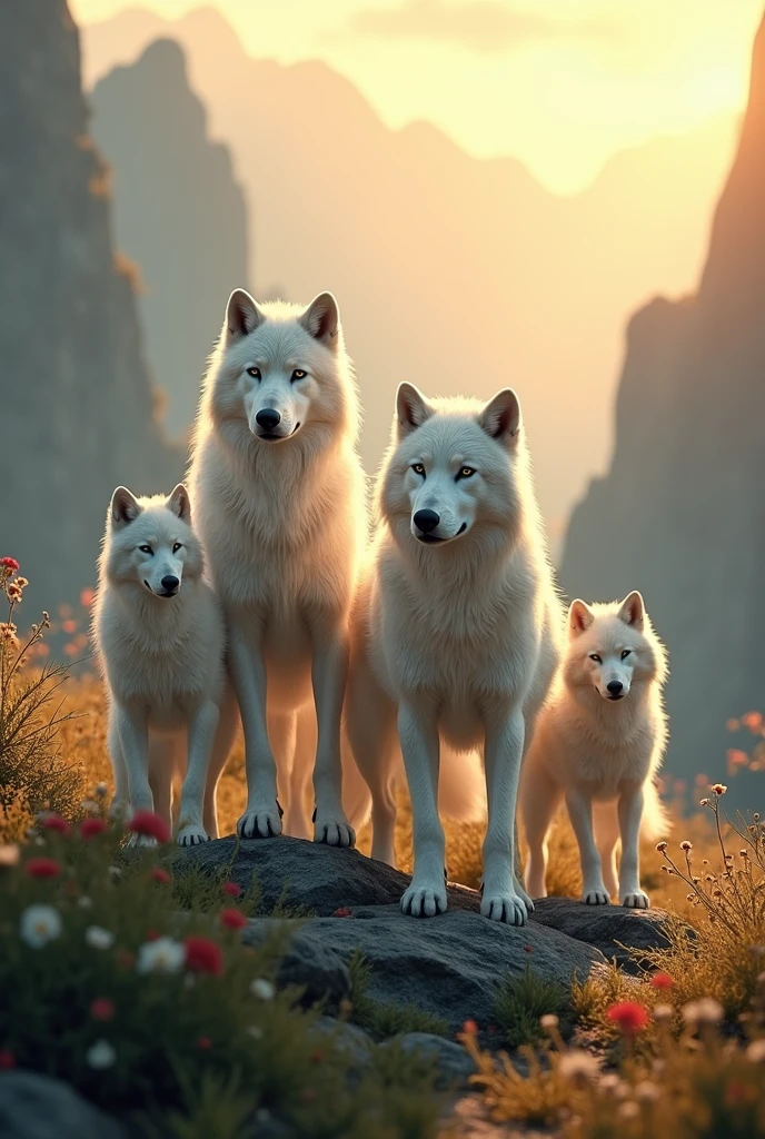 A family of white wolves, in the wild, with the radiant sun, standing together