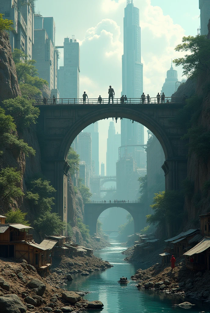Idea: A world divided in two: a prosperous and technological half, and another submerged in poverty and inequality. A bridge between both parties, but broken and in ruins.