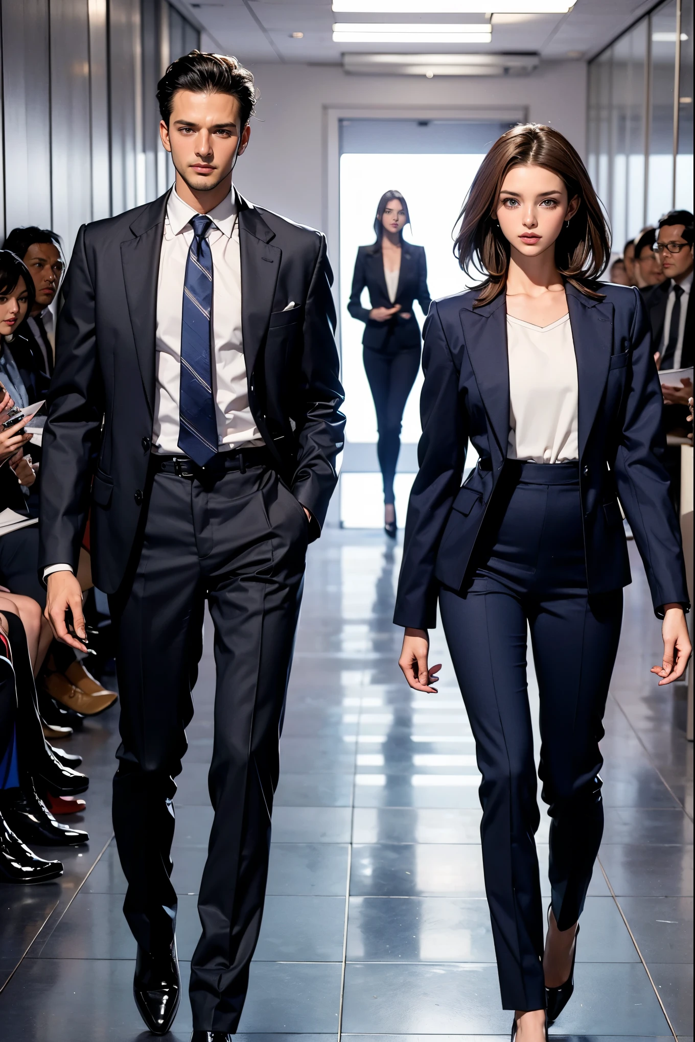 arafed image of a woman and a man in suits walking down a runway, girl in suit, with shoulder pads, girl in a suit, clothed.1990s, wearing a strict business suit, in strict suit, thierry mugler, 1 9 8 0 s business fashion, wearing a business suit, wearing business suit, wearing fashion suit