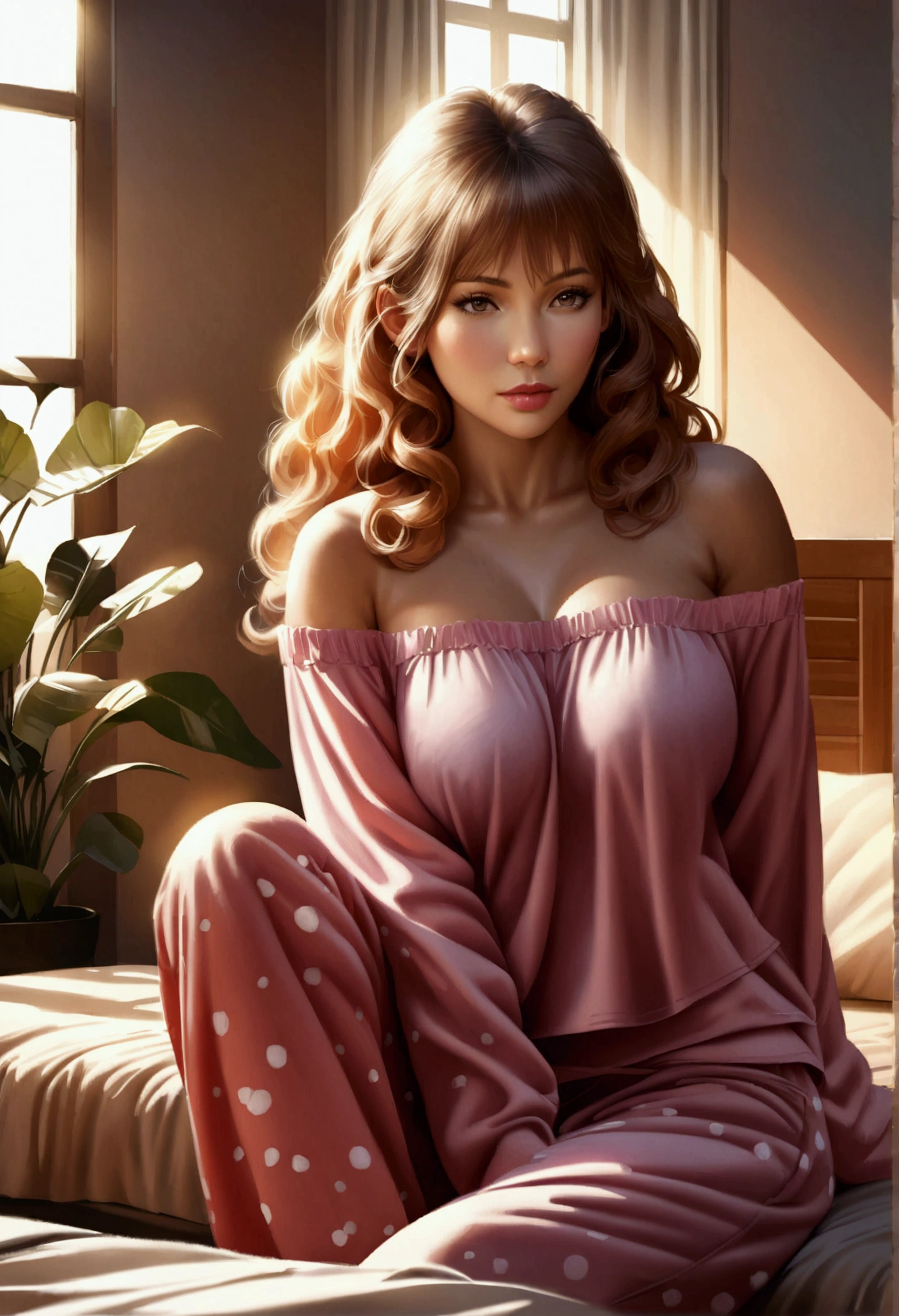 (photorealism:1.2), beautiful woman, sitting on bed, wearing loose off-shoulder top, pajama pants, long curly hair, indoors, soft lighting, plants in background, window with sunlight, cozy room, relaxed pose, realistic, intricate details, warm colors big breasts an drippiing water