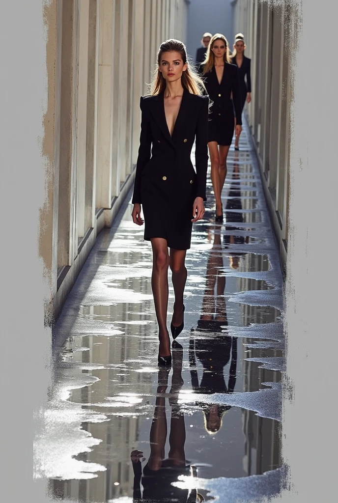 a woman in a black dress and tight stockings walks down a runway, girl in a suit, with shoulder pads, girl in suit, in a black suit, wearing black business suit, wearing a black suit, wearing black suit, thierry mugler, with a business suit on, black suit, dark suit, in strict suit, clothed.1990s