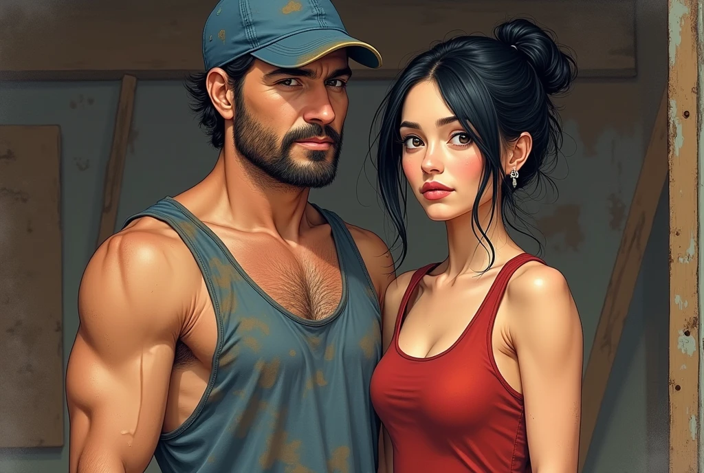 image in drawing, a carpenter in a dirty old tank top, with a blue cap, the stubble, e a appearance of 45 years. Next to him a woman with a red dress tight to her body, black hair and tied up, with a loose lock of hair, appearance of 45 years