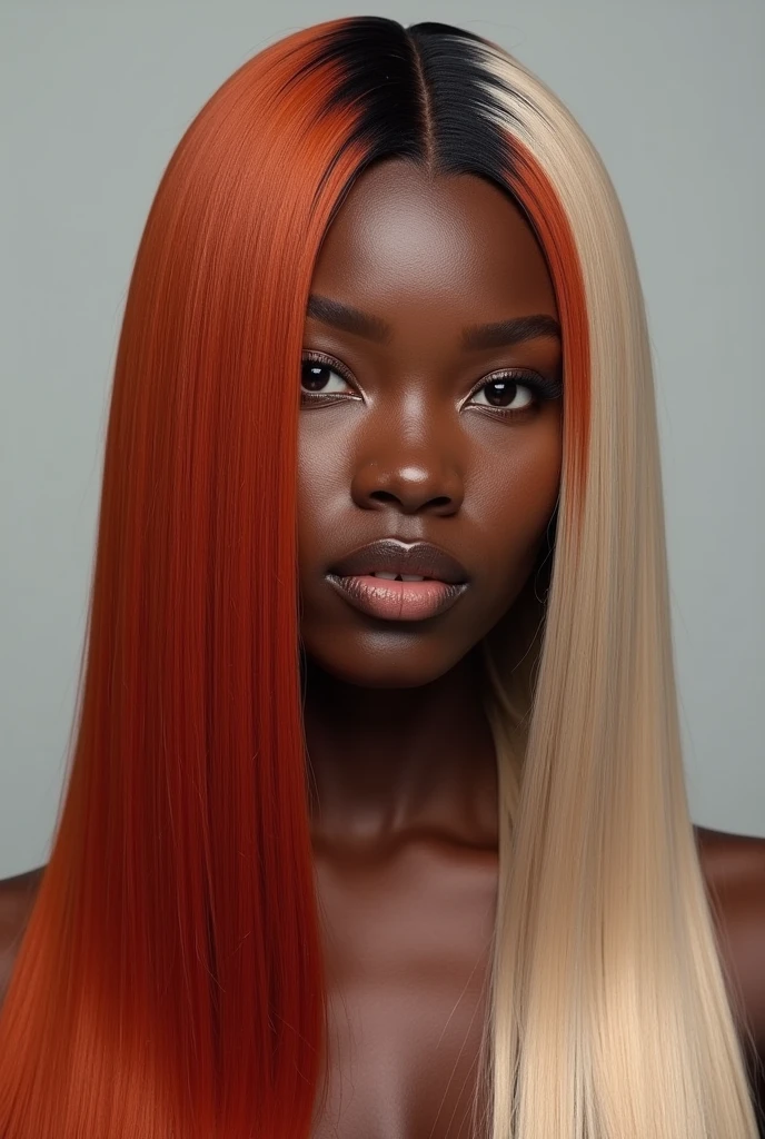 An image of a black woman with long straight hair, copper red on top starting at the roots and going down to the length, but thin, and underneath the hair is very light blonde in tone 12. The red top of the hair is to match the roots but the hair underneath is mostly blonde as I described.