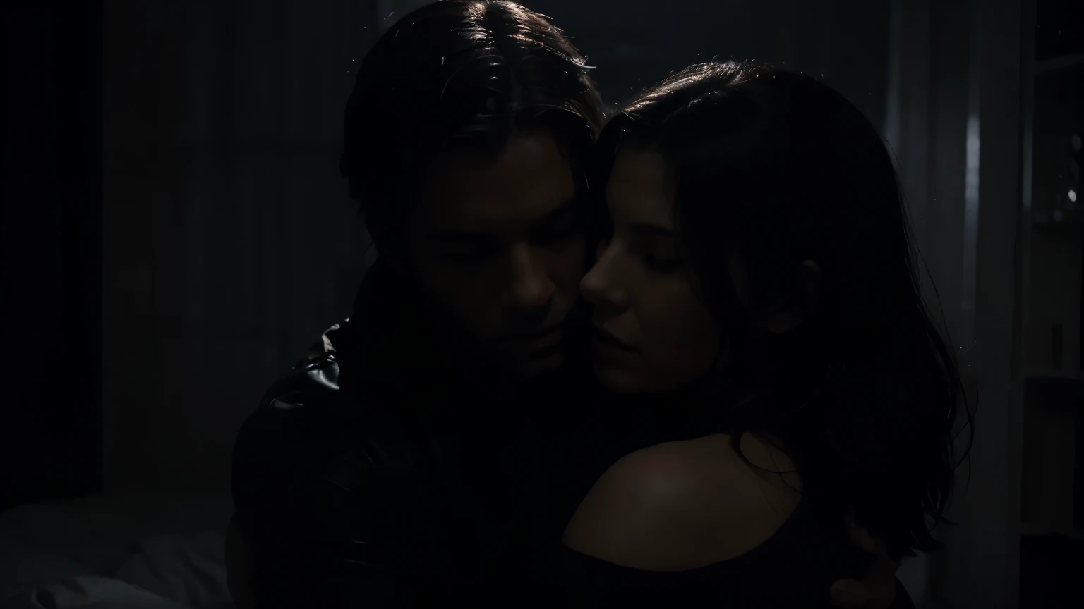 A man hugging a sandra bullock from behind in a dark room, it's night, both have their eyes closed, dramatic chiaroscuro lighting, moody atmosphere, cinematic, dark romantic, emotional, intimate, (best quality,4k,8k,highres,masterpiece:1.2),ultra-detailed,(realistic,photorealistic,photo-realistic:1.37),dramatic lighting,dramatic shadows,moody atmosphere,cinematic composition,intimate moment,emotional expression,closed,strong chiaroscuro,dramatic contrast,dramatic lighting,dark romance