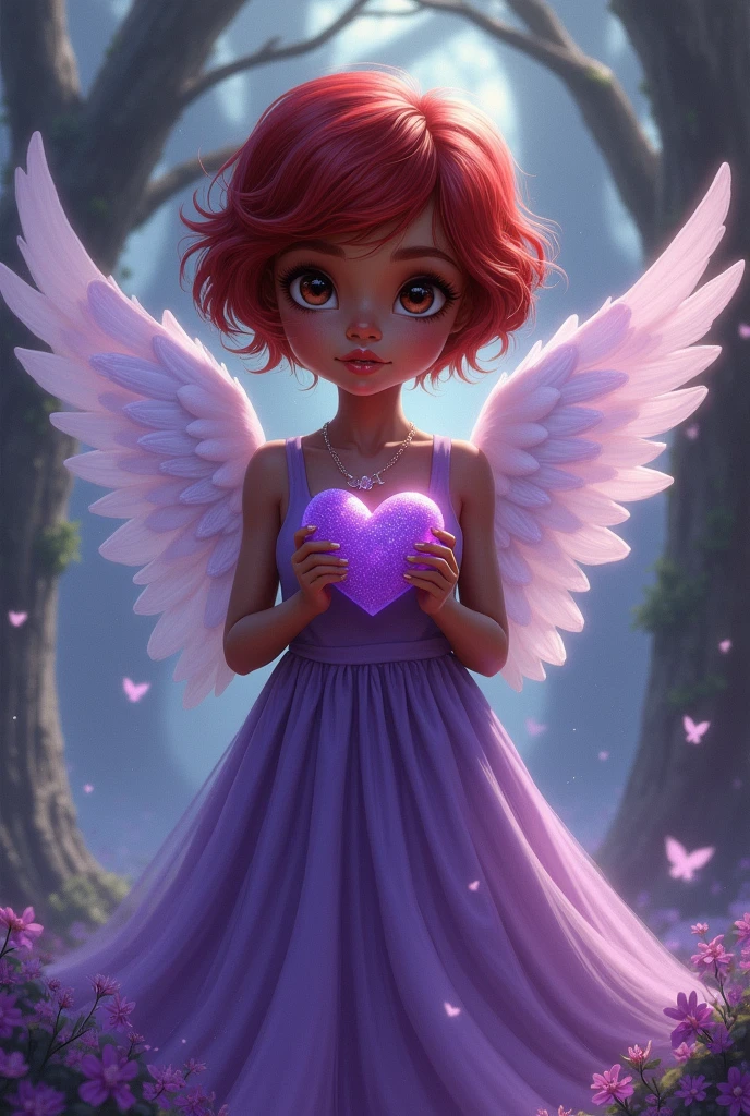 Girl short red hair, small stature dressed in purple, big dark brown eyes, dark skin with a purple heart and angel wings