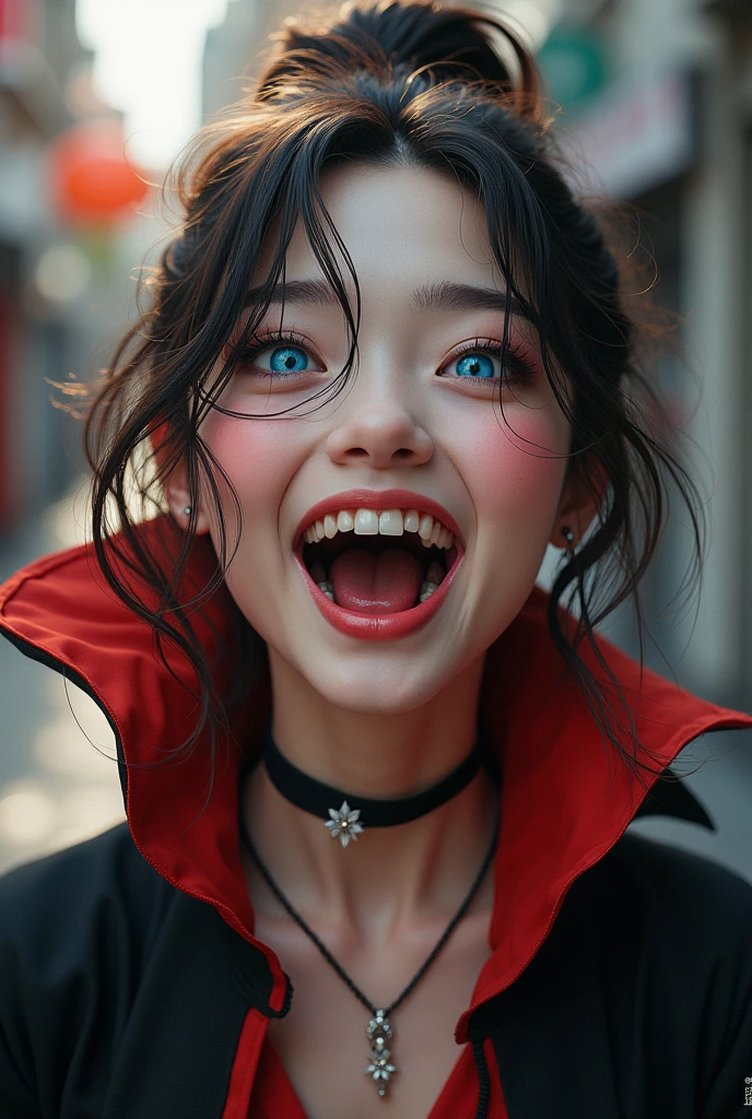 Japanese、woman、mouth、is open、大きなtooth、Brown Hair、
1 person、laughing、Daytime、blue eyes、White skin、ponytail、Real、Double、Big eyes、tooth、Cape、Dracula、