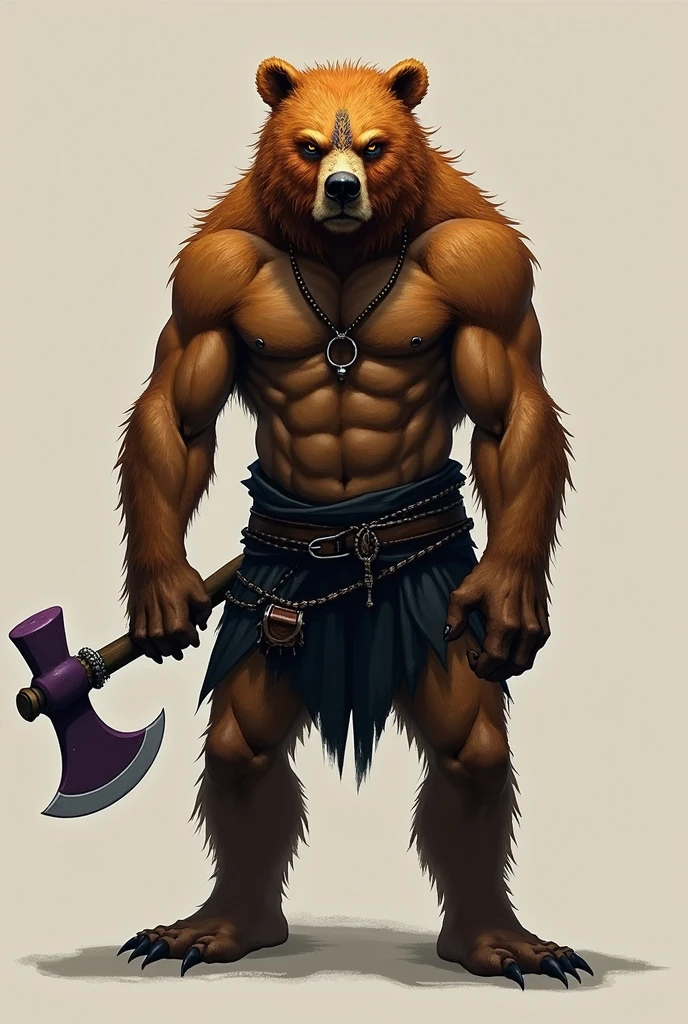 Bear man with orange fur A little thin A V-shaped scar on his face with black color Wearing a black outfit With an axe with a purple blade and a white handle