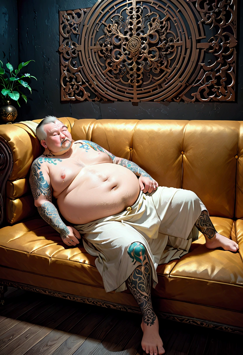 (old fat monk with thinning hair,tattoos all over body, full detailed body, lying on the sofa, highly detailed face,hyperrealistic,3d render,masterpiece,8k,photorealistic,cinematic lighting,dramatic lighting,moody lighting,dramatic pose,mystical,spiritual,intense gaze,intricate tattoos,lush textures,rich colors,chiaroscuro,dramatic shadows,atmospheric)