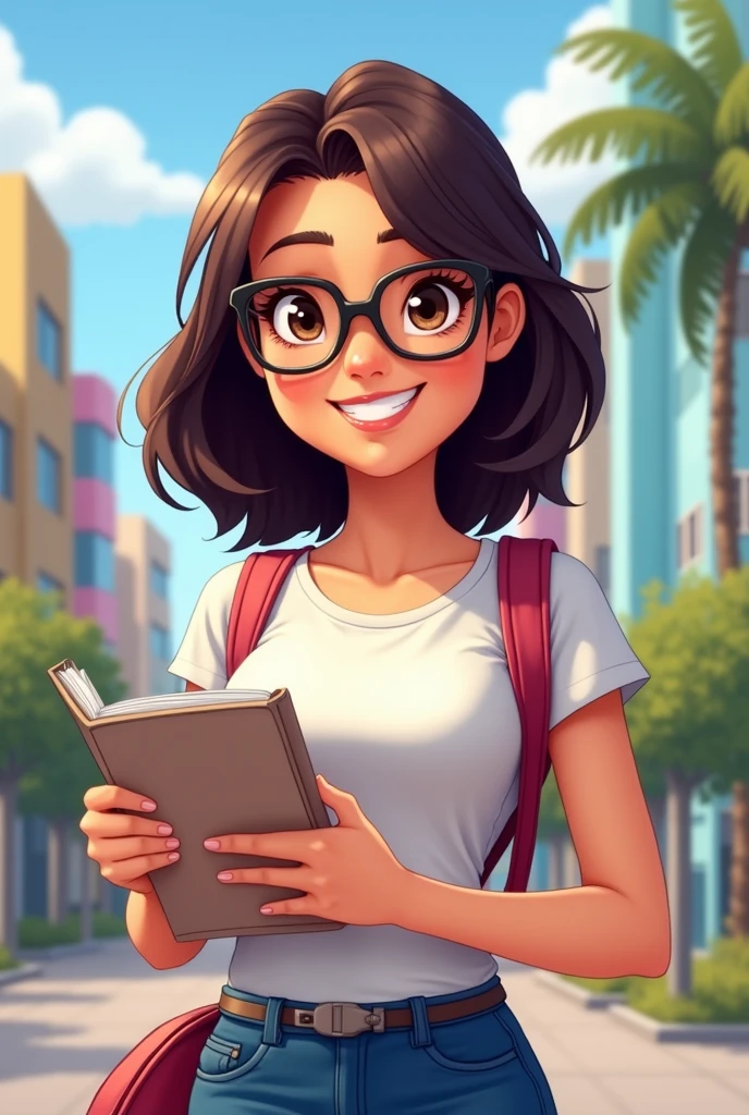 Now create a mascot of a with shoulder length hair, moreno claro, with glasses, brown color, big eyes and sharp forehead, with a pair of jeans, a women&#39;s t-shirt and she is holding a notebook, create in the same colors as the Topeira Scrap Logo, cerulean, purple, yellow, pink and her color brown
