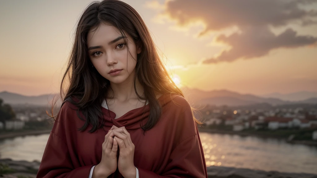 Jesus, eyes steady, looking forward, hands close to his face, in prayer, with an image of the sunset in the background, afternoon weather, red tunic and cloak, with the phrase: PARE de LUTAR Sozinho!