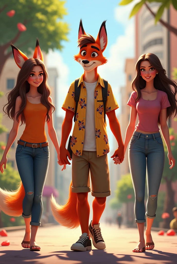 The zootopia fox and a human cookie holding hands with two pretty girls, one with dark brown hair and the other with brown hair