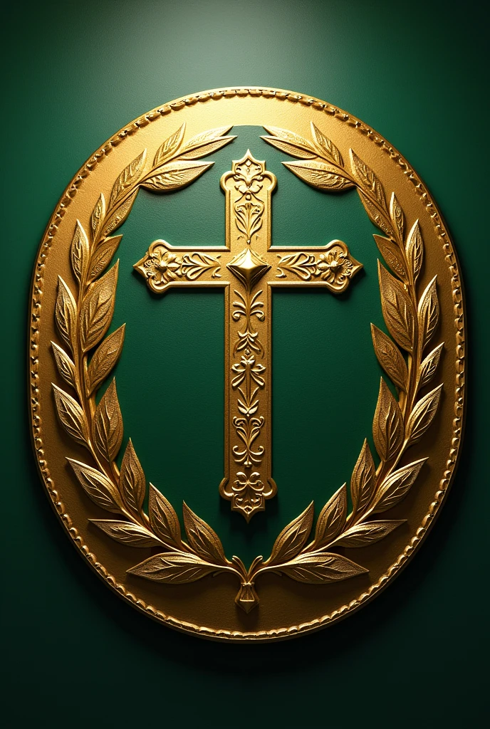 Create a simple round gold and green coat of arms . With a symbol of faith.