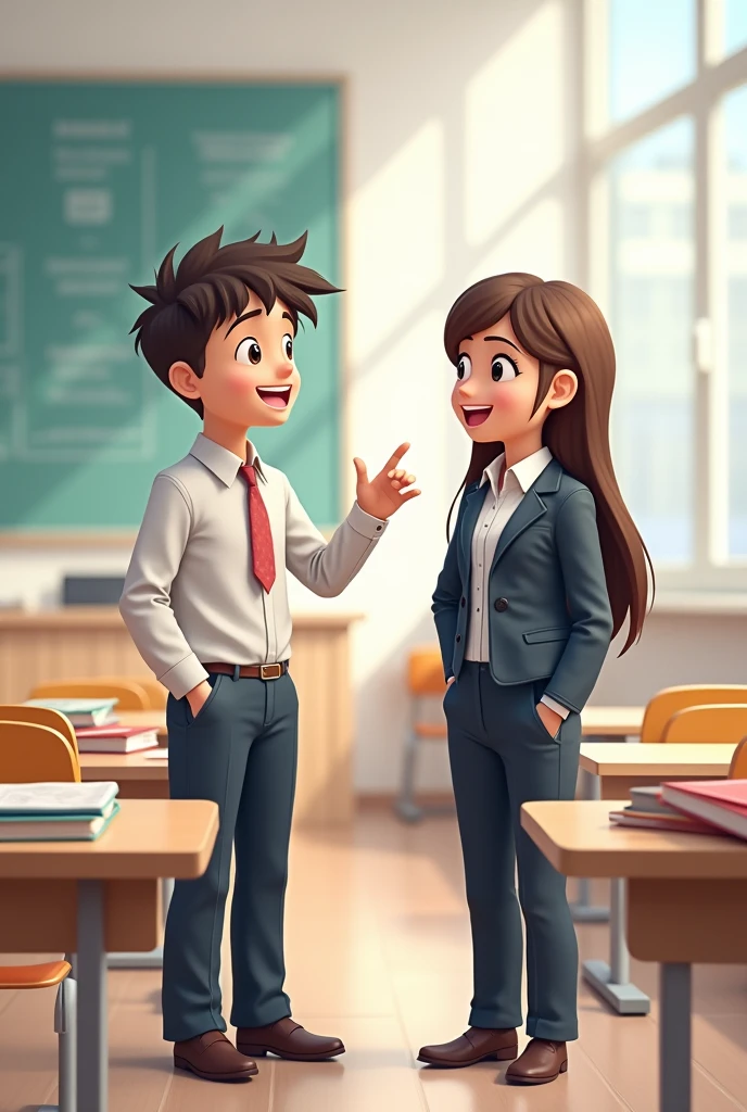 Two students talking in classroom, formal wear, cartoon