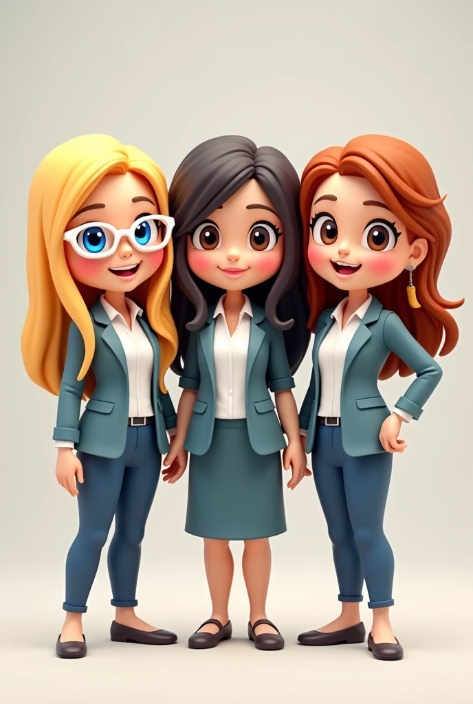 Create three dolls together bitmoji style, there are three teachers, only the blonde-haired teacher has blue eyes, the other two are brown eyes, all three teachers are white and happy, Teachers who have blonde and brown hair dress the same. The blonde teacher with blue eyes wears white-framed glasses, her long hair, Blonde and smooth. The teacher with dark brown hair is white,  your hair is medium and straight, she is very elegant and haughty. The teacher who has wavy reddish brown hair is very white and looks like a porcelain doll., has a sweet air, sweet and casual. 