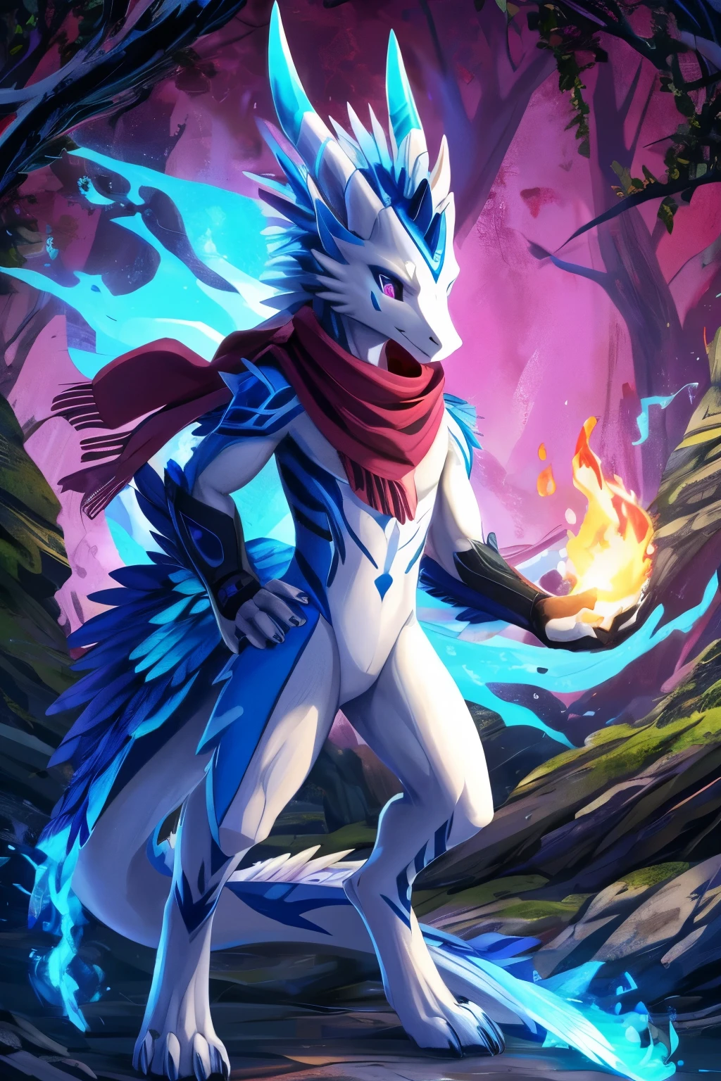 (anime), (front facing), (looking at the camera), slim furry white dragon using fire magic, blue secondary body color, (black, magenta and blue complimentary colors), spikes, very long muzzle, neck and tail fur, digitigrade, creative horns, feathers, dark gradient, (wearing only a scarf), body markings, nature background, full body