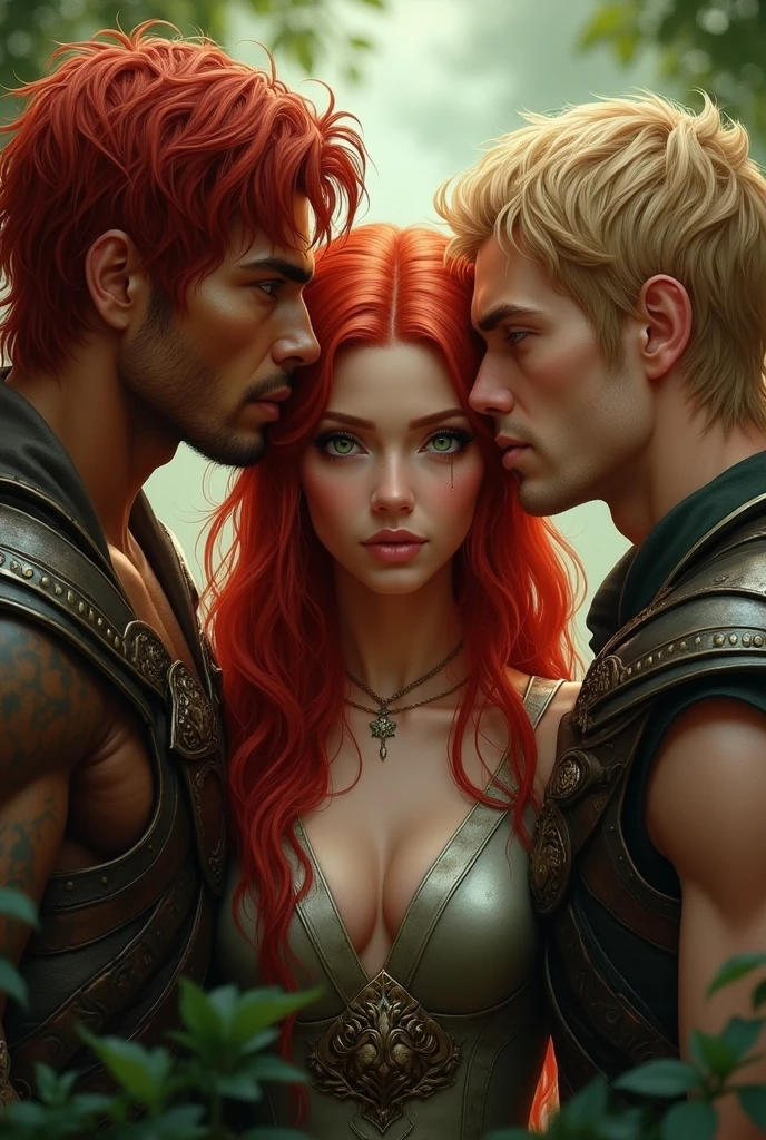 beautiful female warrior with red hair and green eyes, In a love triangle with two male warriors, one with long red hair and caramel skin looked at her lovingly, and another one with short blond hair was seducing her, and she was confused, who wants it the man with red hair dont want to share