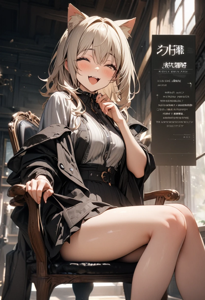 High resolution, masterpiece, Highest quality, High-resolution model, One girl, Cat ear, Open your mouth, Character profile, smile, happiness/joy, Sitting in a chair、One&#39;s elbows are resting on the table and one&#39;s chin is under one&#39;s hand、