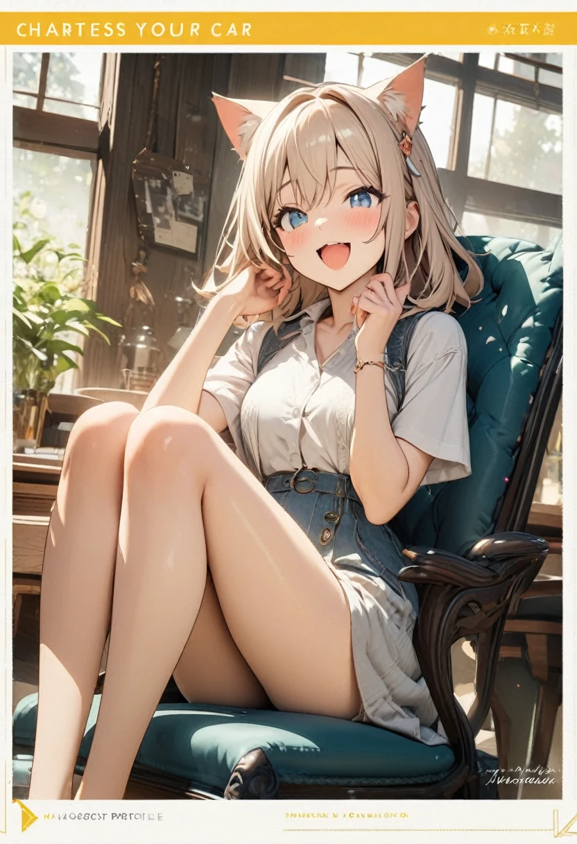 High resolution, masterpiece, Highest quality, High-resolution model, One girl, Cat ear, Open your mouth, Character profile, smile, happiness/joy, Sitting in a chair、One's elbows are resting on the table and one's chin is under one's hand、