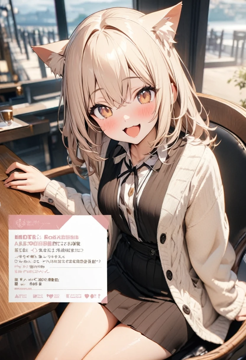High resolution, masterpiece, Highest quality, High-resolution model, One girl, Cat ear, Open your mouth, Character profile, smile, happiness/joy, Sitting in a chair、One's elbows are resting on the table and one's chin is under one's hand、