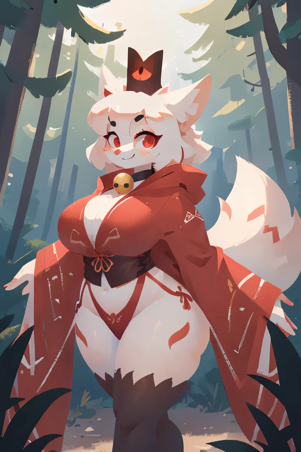 a female white and red kitsune, a black crown, big breasts, big thighs, big ass, red patterns on the body, red swirls on the thighs, red tipped ears, 5 white fluffy tails with red fur on the tip of the tails attached to the back of the pelvis, pretty red eyes, white and red fur tufts, wearing a red and white robe/fleece that covers her chest, thighs, and ass, smiling and facing the camera, standing in a forest with a trees in the background, wearing a red bracelet on the left arm,2D art,Cult Leader,Mommy,Thicc,4k,detailed,hi res,absurd res, collar with bell