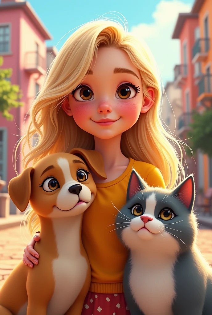 A Pixar-style cover featuring a blonde teenage girl, long hair and brown eyes and freckles, accompanied by a small blonde dog and a grey and white cat.