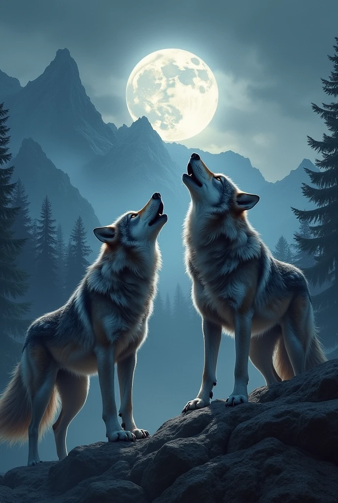two wolves in the middle of the mountains and forests howling at the moon

