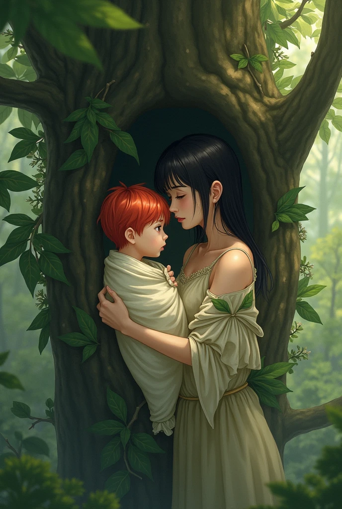 An adult woman in a leafy dress and black anime hair found a baby alone, a baby with a blanket, with red hair and eyes, on top of a tree.