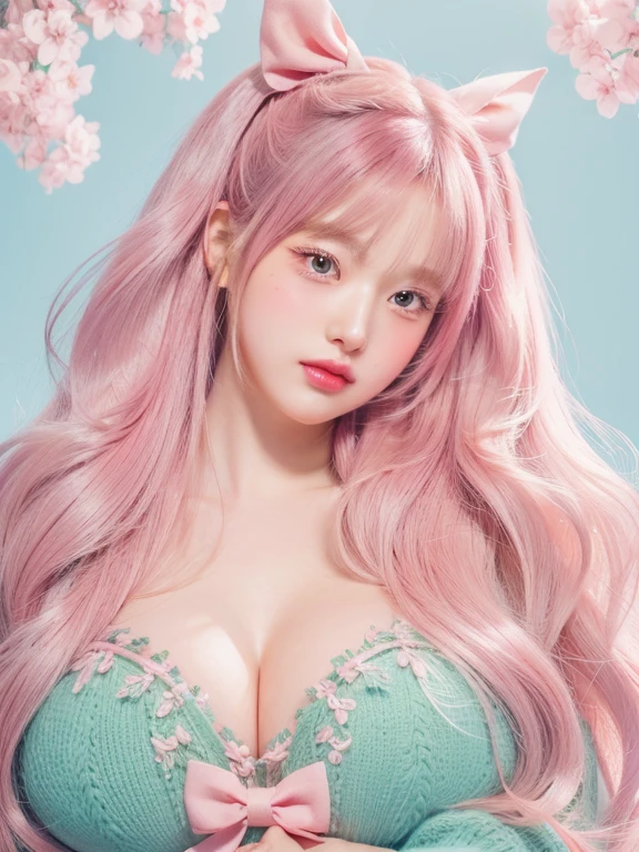 A close-up of a girl with long hair and a pink bow, Soft anime illustration, beautiful animated art style, beautiful animated portrait, Kawaii realistic portrait, in bowater art style, Beautiful anime style, digital anime illustration, Beautiful art style, cartoon style illustration, anime style portrait, cute detailed digital art, animated art style, detailed digital anime art, big breasts, heavy breasts