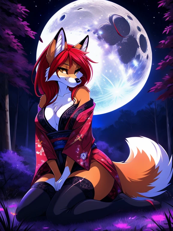 red fox, female, vixen, vibrant colors, gorgeous, majestic, beautiful, hair, scarlet hair, red hair, yellow eyes, smile, night, moody, elegant, mysterious, highres, perfect artwork, absurdres, rzminjourney, vector-art, moon, beautiful night sky, stars, black night sky, on knees, wearing a sexy and elegant magical yukata, sexy thigh highs, wearing thigh highs, red and black outfit, casting purple magic, purple flame, sexy body, voluptuous, waifu, in a forest