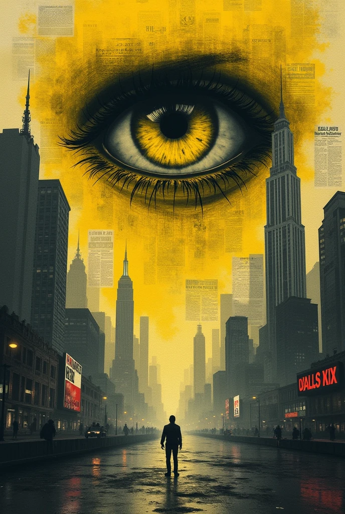 Make a Film Poster. Film name is 'Yellow Eyes' A Film By Shuvo. This film based on Yellow journalism. Metaphorically portray yellow journalism. I want Aesthetic artistic poster. Don’t use any people’s photo. Just do it in artistic way. Use Television & Daily Paper.