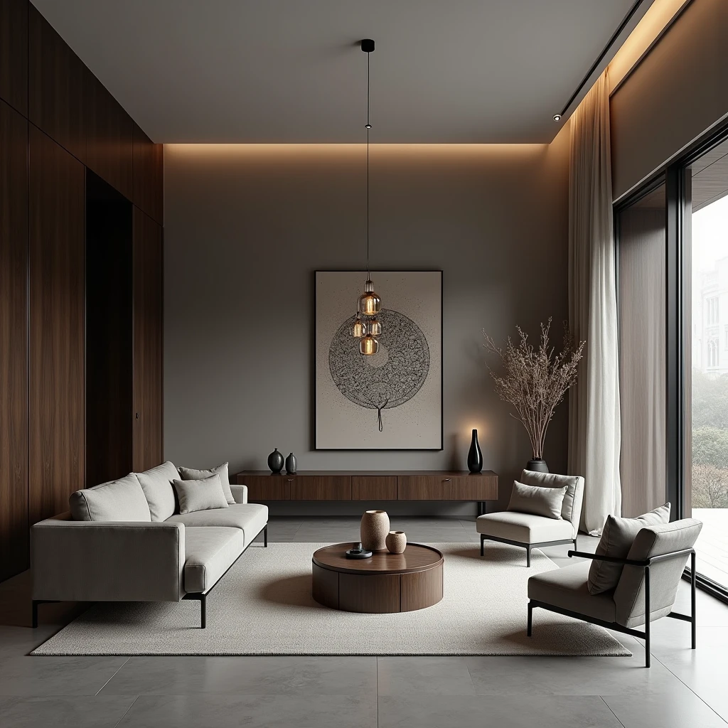 Interior design ,minimalist living and dining room ,dark wood , work of art ,gray matte floor ,ultra realisitic , 4K , render ultra realisitic