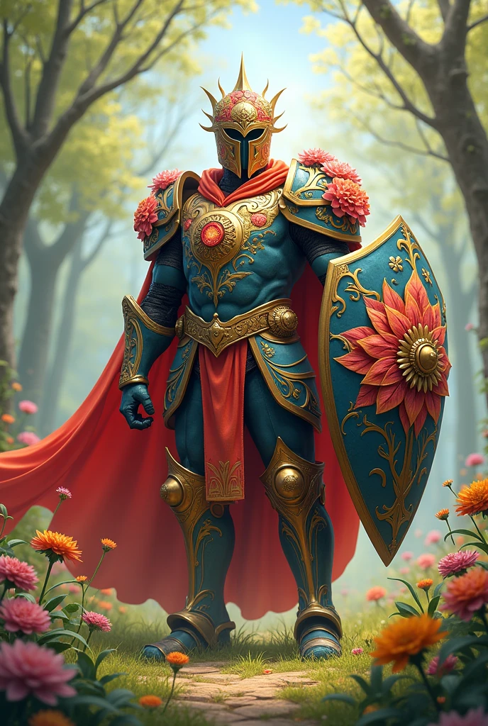 A warrior in brightly colored armor, adorned with flowers on the visor and on the shield, Celebrating the bloom of spring