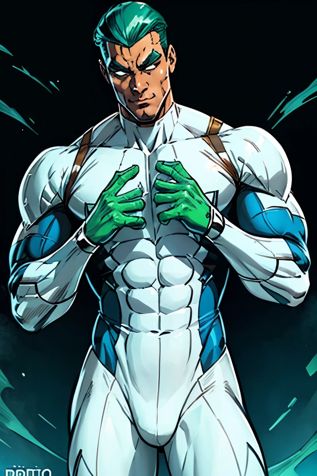 White Spiderman suit with  blue and green accents, NO RED, muscular, comic book style.