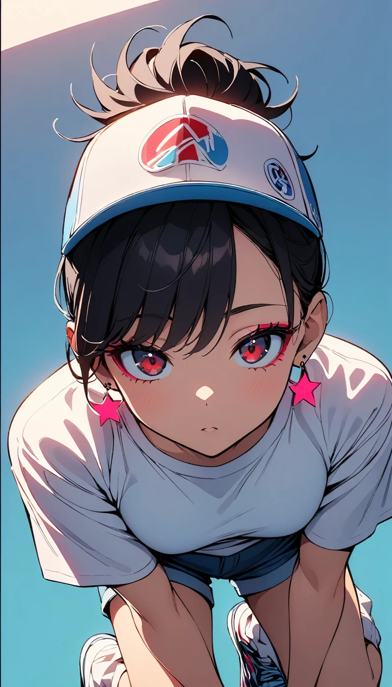 (high quality, 8k, 4K, High Contrast, masterpiece:1.2, 最high quality, Best aesthetics), (Dynamic Angle), ((1 female)),((Crouching)), ((A plain background:1.3)), ((Flat Color)),High Contrast, Contrasting colors, , Pale pink and blue lighting, White long sleeveTshirt,Denim shorts,(White loose socks),sneakers, Looking at the audience, (Cool look), Sleepy eyes, ((Short Hair)) , (Tied Hair), Black Hair, Red eyes, Small star-shaped earrings in both ears, bright eyeshadow,high angle shot, Baseball Cap,Mature face