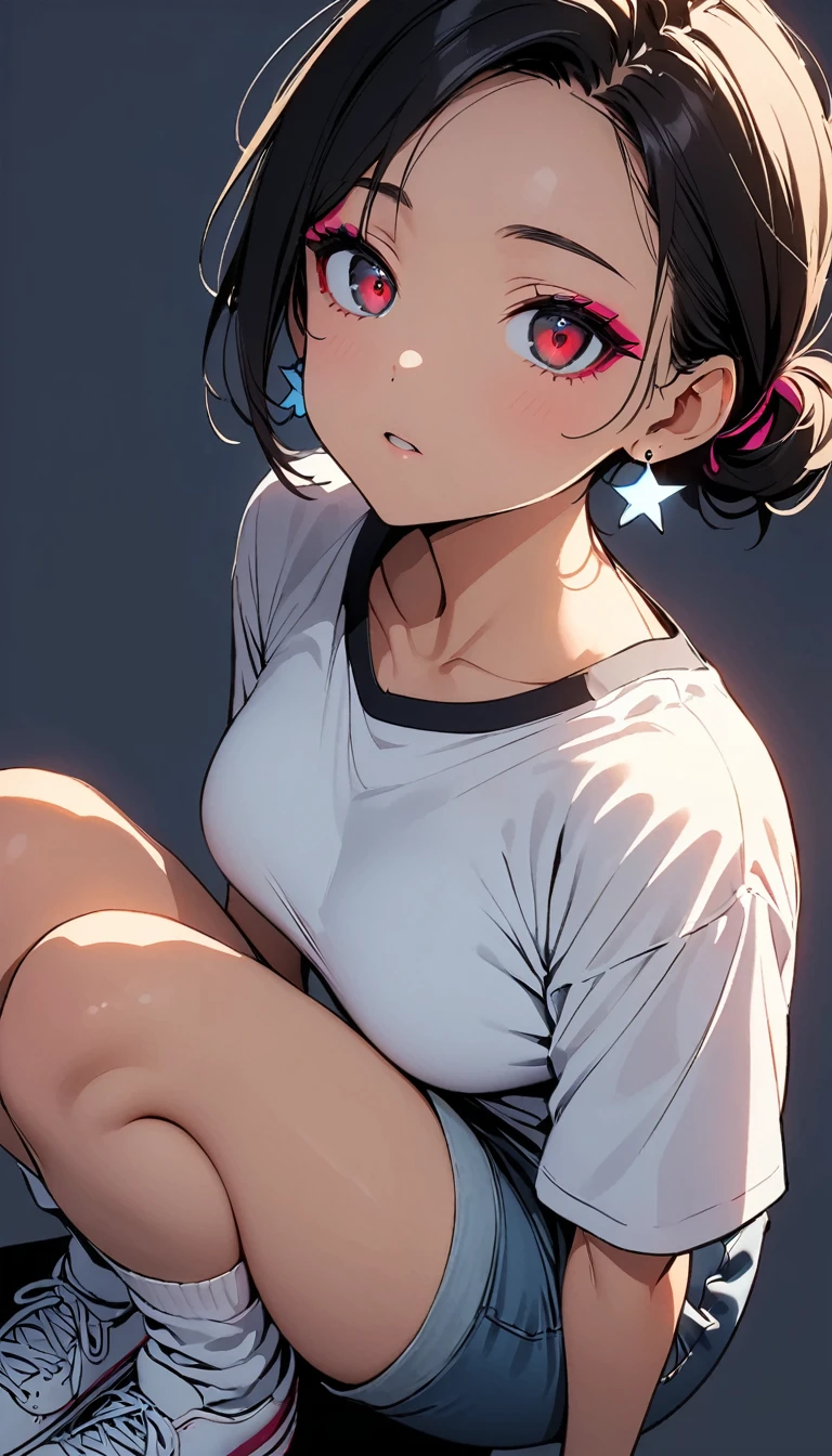 (high quality, 8k, 4K, High Contrast, masterpiece:1.2, 最high quality, Best aesthetics), (Dynamic Angle), ((1 female)),((Crouching)), ((A plain background:1.3)), ((Flat Color)),High Contrast, Contrasting colors, , Pale pink and blue lighting, White long sleeveTshirt,Denim shorts,(White loose socks),sneakers, Looking at the audience, (Cool look), Sleepy eyes, ((Short Hair)) , (Tied Hair), Black Hair, Red eyes, Small star-shaped earrings in both ears, bright eyeshadow,high angle shot, Baseball Cap,Mature face